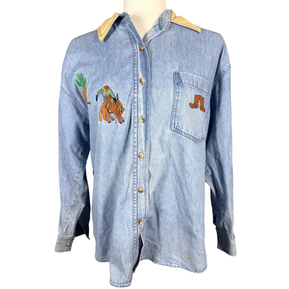 Vision I Vintage Western Denim Shirt Embroidered Cowboy Light Wash Blue Medium